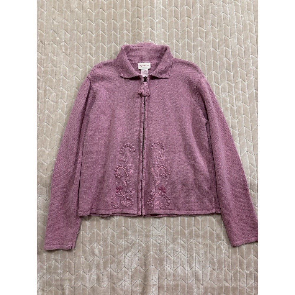 Crystal Kobe Floral Embroidered Zip Cardigan‎ Sweater Womens Large Mauve Cotton